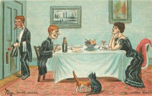 Artist C-1910 Dinner Date Supper Party Cat Comic Humor Nap Postcard 20-12890