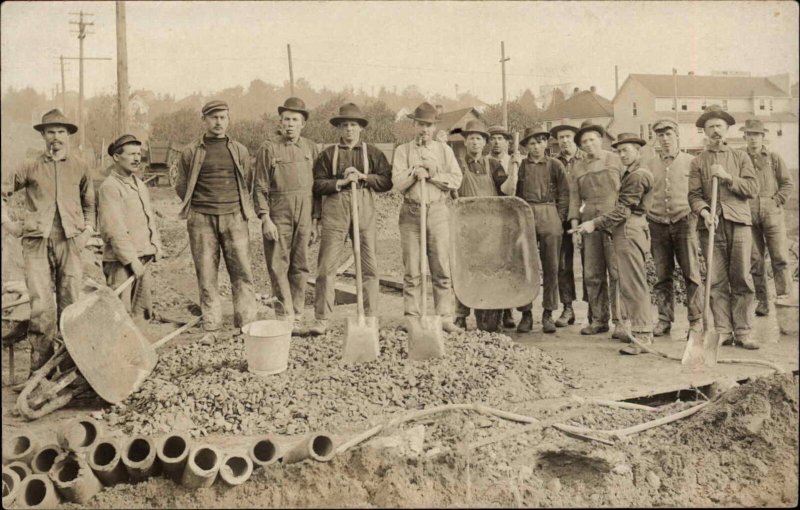 Labor Occupation - Pipelayers Men Shovels Wheelbarrows Real Photo Postcard