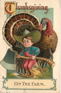 Embossed Thanksgiving Postcard Scared Boy w/ Giant Axe & Giant Turkey AMB