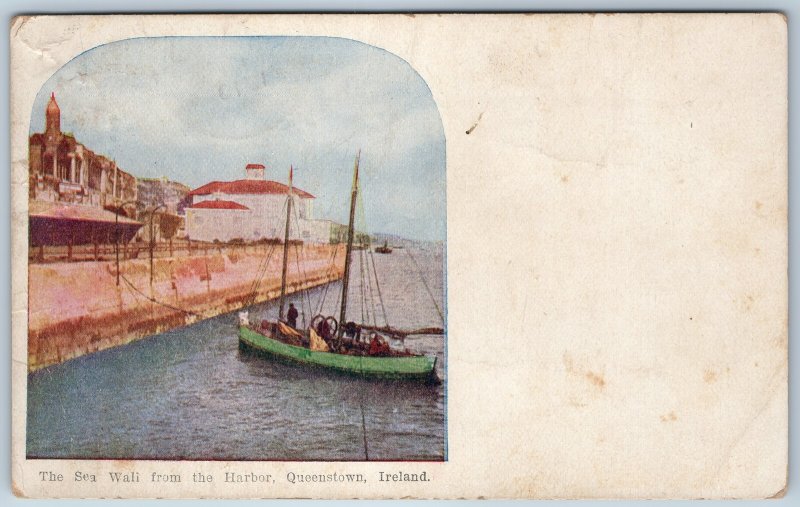 c1910s Queenstown, Ireland Sea Wall Harbor Postcard Sailboat Waterfront Port A43