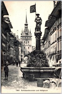 Schutzenbrunnen und Kafigturm Switzerland Fountain Historical Building Postcard