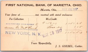 First National Bank Of Marietta Ohio Bank Letter For Collection Postcard