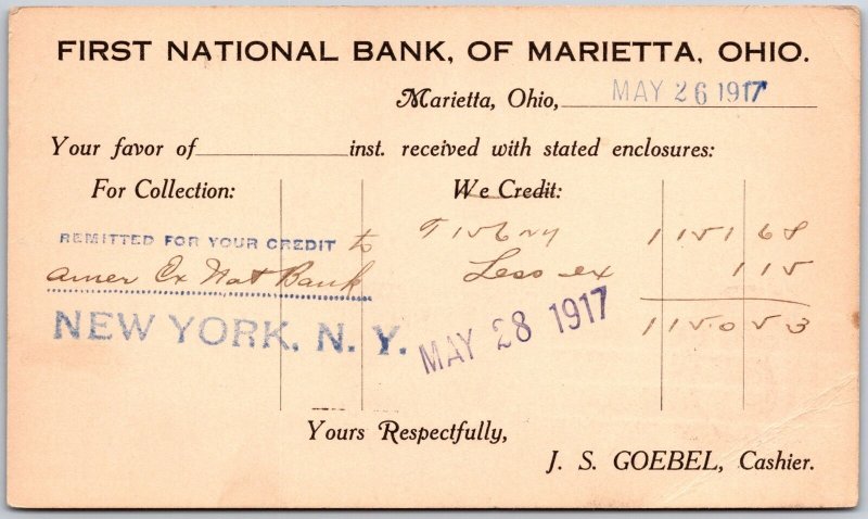 First National Bank Of Marietta Ohio Bank Letter For Collection Postcard