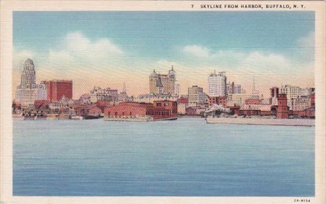 New York Buffalo Skyline From Harbor Curteich