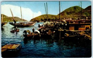 ABERDEEN, HONG KONG ~ FISHING VILLAGE  Pan American Airline Advertising Postcard