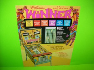 Winner Pinball Machine Flyer 1972 Original Horse Racing Theme Artwork