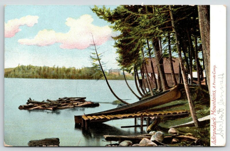 Adirondack Mountains New York~Private Camp on Lake~Log Dock~Canoe~1906