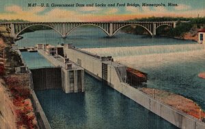 VINTAGE POSTCARD U.S. GOVERNMENT DAM & LOCKS FORD BRIDGE MINNEAPOLIS MINNESOTA