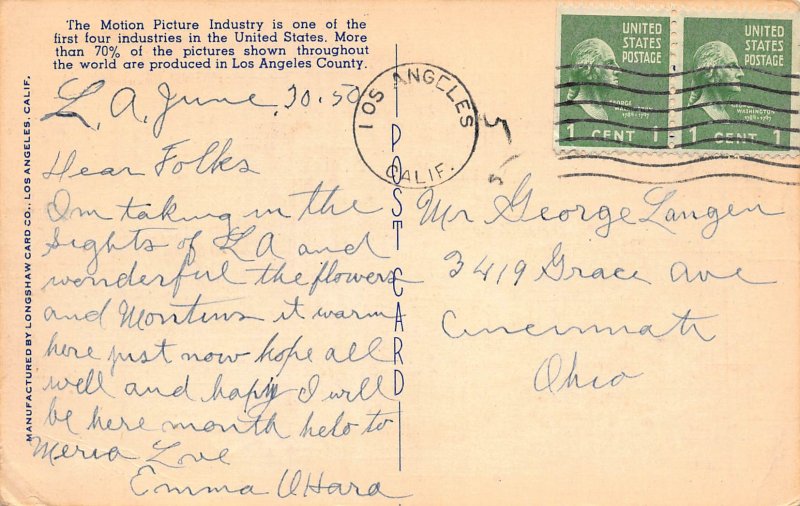 Warner Brothers Studios, Burbank, California, Early Linen Postcard, Used in 1950