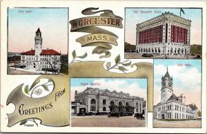 Greetings From Worcester MA, Multi View City Hall, More Vintage Postcard L19