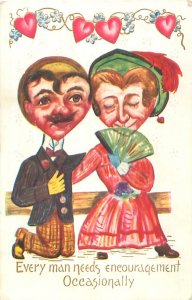 Vintage Romance Postcard Every Man Needs Encouragement Heart-Heads