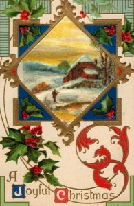 c.1910s Joyful Christmas Graphical Holly Berries Snow Postcard F74