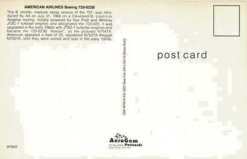 Airline Postcards American Airlines Boeing 720-023B 