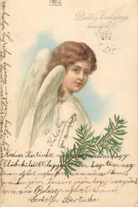 Christmas angel greetings fantasy chromo postcard 1902, Hungary undivided back