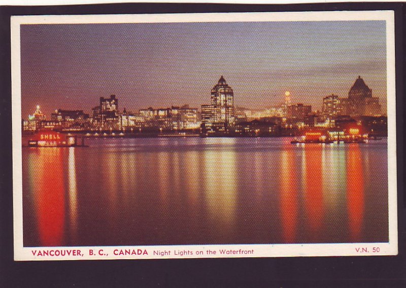 P1567 vintage unused postcard night lights on waterfront vancouver bc  canada