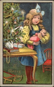 Christmas Pretty Little Girl with Doll Stuffed Bunny Sled c1910 Vintage Postcard
