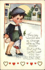 Valentine Cute Little Boy Bag of Candy & Flowers c1915 Whitney Postcard