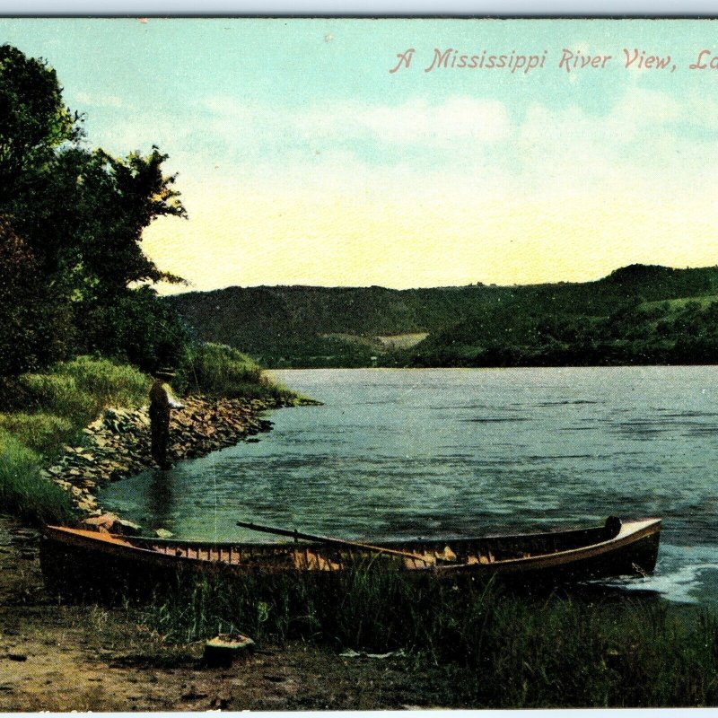 c1910s La Crosse, Wis. Mississippi River Canoe Boat Man Fishing Postcard WI A90