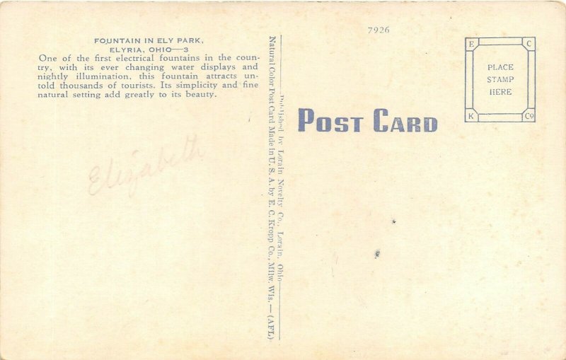Elyria Ohio 1940s Postcard Electrical Fountain in Ely Park