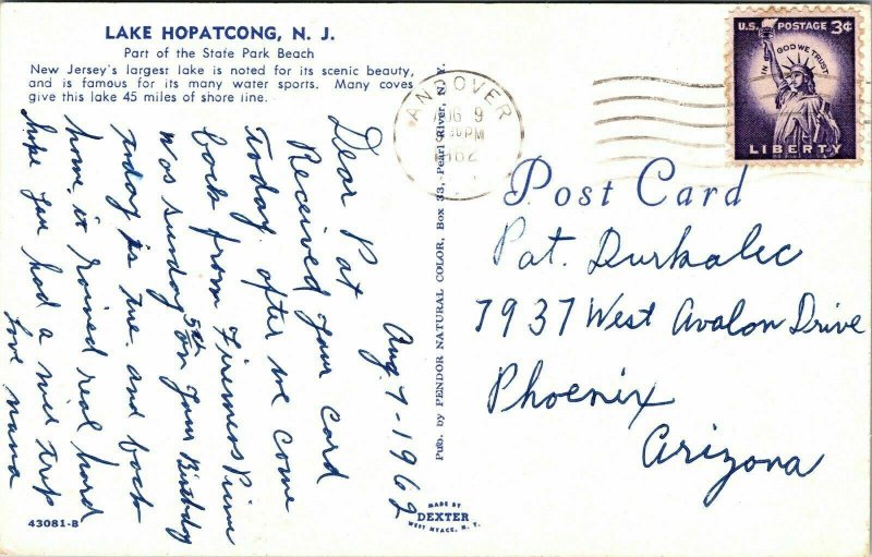 Lake Hopatcong NJ New Jersey State Park Beach Postcard Cancel PM Andover WOB VTG 