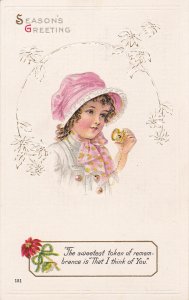 Season´s Greeting, Girl wearing bonnet looking at picture in locket, 00-10s