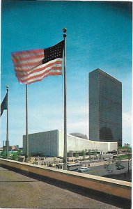 American Flag & United Nations Buildings Buses in Front New York New York