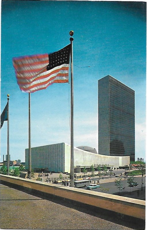 American Flag & United Nations Buildings Buses in Front New York New York