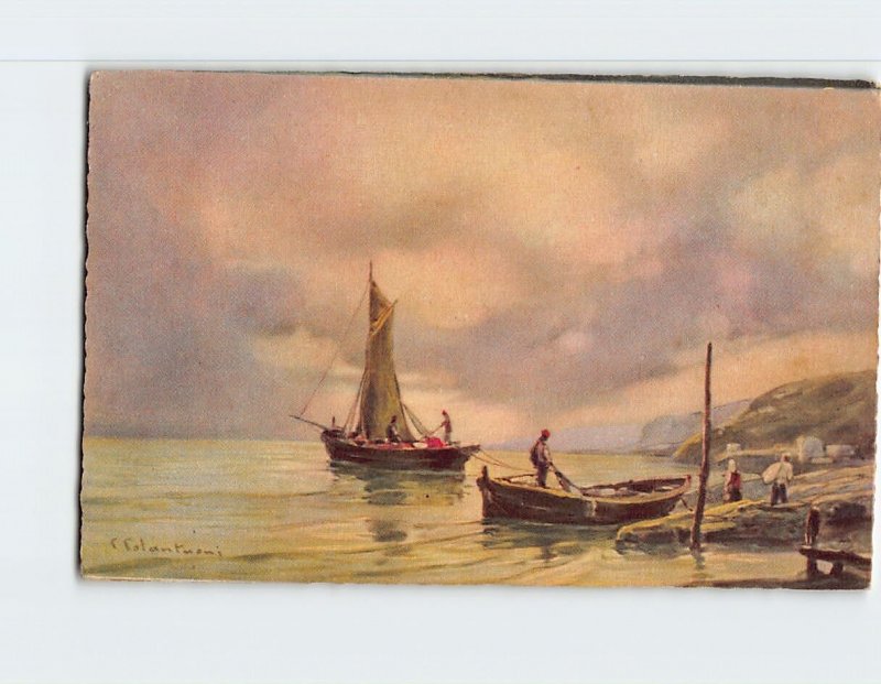 Postcard Boats Fishermen Coast Seascape Scenery Painting/Art Print