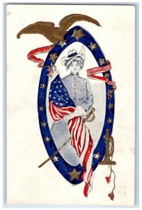 Patriotic Postcard Pretty Woman With Flag Eagle Embossed c1910's Antique