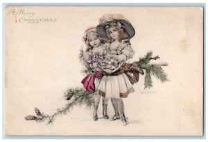 c1910's Merry Christmas Pretty Girls Pine Cone With Flowers Antique Postcard 