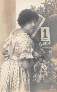 New Years Greetings Lady Real Photo Antique Postcard (J27325)