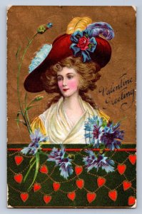 J93/ Valentine's Day Love Holiday Postcard c1910 Pretty Woman Hearts 423