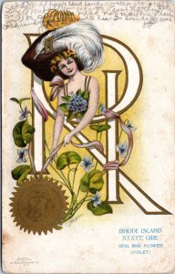 Postcard Rhode Island State Girl Seal Flower - PM 1910 Fort Dodge IA