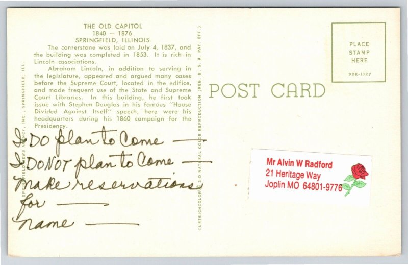 Springfield Illinois~Old Capitol Building From Lawn~Vintage Postcard