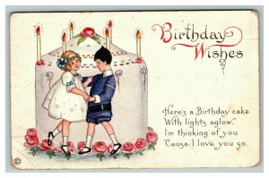 Vintage 1914 Birthday Postcard Giant Cake Cute Children Dancing Pink Roses NICE