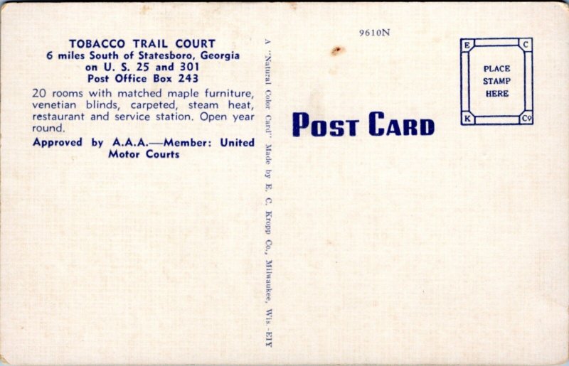 Postcard GA Statesboro motel - Tobacco Trail Court