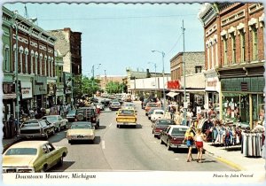 c1980s Manistee, Mich. Downtown Main St Shopping Cars Postcard Store Ford MI A79