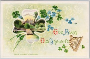God Bless Old Ireland Dinis Cottage Vintage Embossed Shamrock Postcard H76
