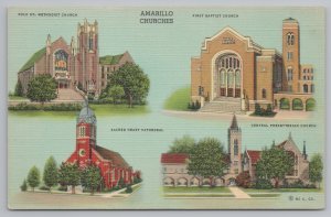 Linen~Composite Of 4 Amarillo Texas Churches~Unposted Vintage Postcard