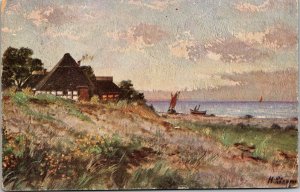 VINTAGE POSTCARD ART: FARMSTEAD ON THE WATER SAILBOATS POSTED GENT BELGIUM 1931