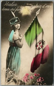 ITALIA PATRIOTIC ANTIQUE REAL PHOTO POSTCARD RPPC GIRL w/ ITALIAN FLAG