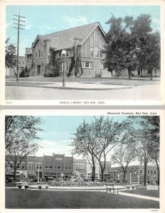 2~Postcards  Red Oak, IA Iowa  LIBRARY & MEMORIAL FOUNTAIN~Street Scene ca1920's