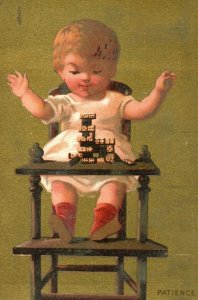 Victorian Trade Card Adorable Child Stacking Dominoes Highchair Patience  P49