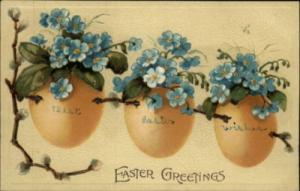 Easter Eggs Embossed Blue Flowers c1910 Postcard