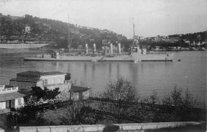 RPPC U.S. FLAG SHIP (WEEPHIS?) SHIP MILITARY REAL PHOTO POSTCARD (c. 1930s)