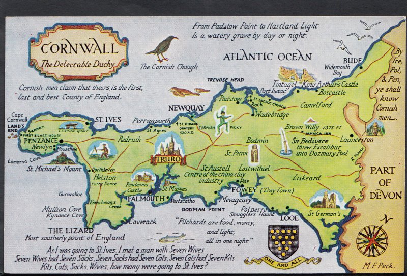 Maps Postcard - Map of Cornwall - The Delectable Duchy RS1905 