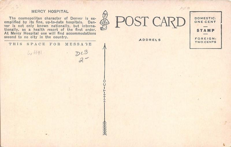 Denver Colorado~Mercy Hospital~Bare Trees in Front~c1910 Postcard