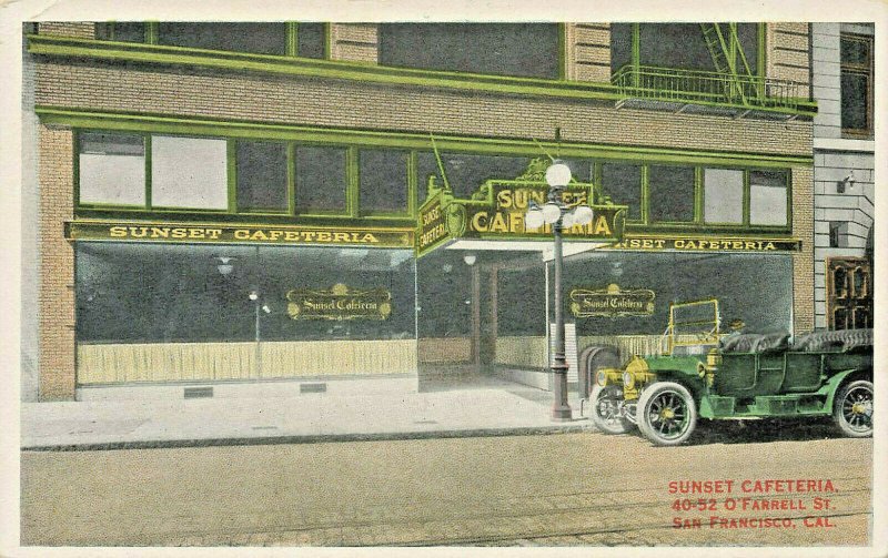 San Francisco CA Sunset Cafeteria Signage Old Car Postcard
