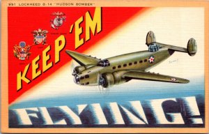 Linen Postcard Large Letter Keep 'Em Flying Lockheed B-14 Hudson Bomber