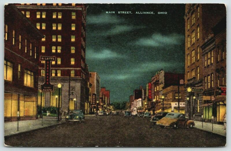 Alliance Ohio Main Street Night Lights Sears Store Allott S Hardware 1940s Linen United States Ohio Other Postcard Hippostcard
